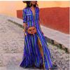 Women's Striped Print Patchwork Short Sleeve Single-breasted Floor-length Dress