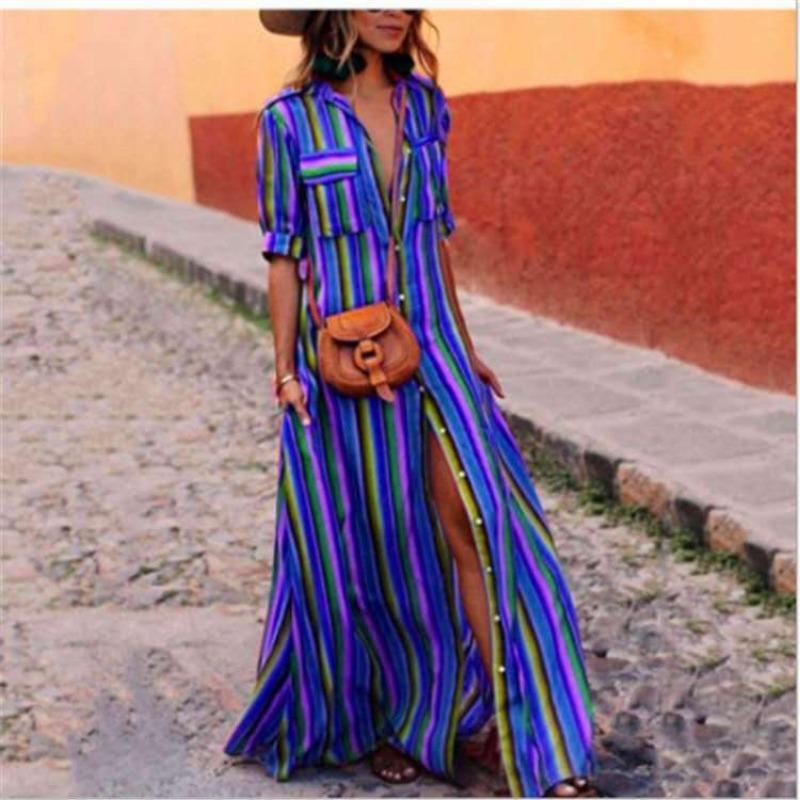 Women's Striped Print Patchwork Short Sleeve Single-breasted Floor-length Dress