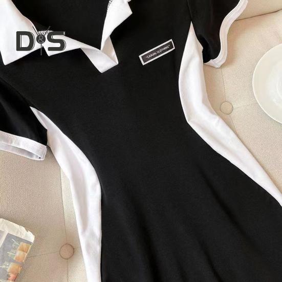 Dámské mini košilové šaty s krátkým rukávem, barevně blokované šaty s límečkem, letní ležérní šaty s výstřihem do V, bodycon šaty, párty klubové krátké šaty