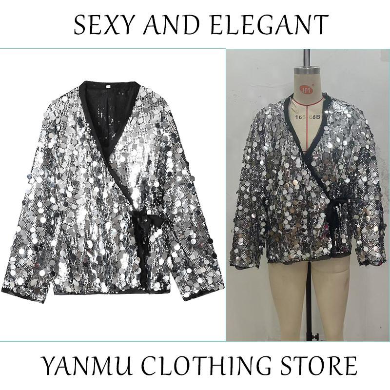 Elegant Polyester Long Sleeve V Neck Blouse With Sequins For Office Women