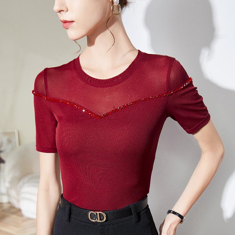 

Women s Hand-beaded Mesh Short Sleeve Slimming Top 4XL Вишня/червоний
