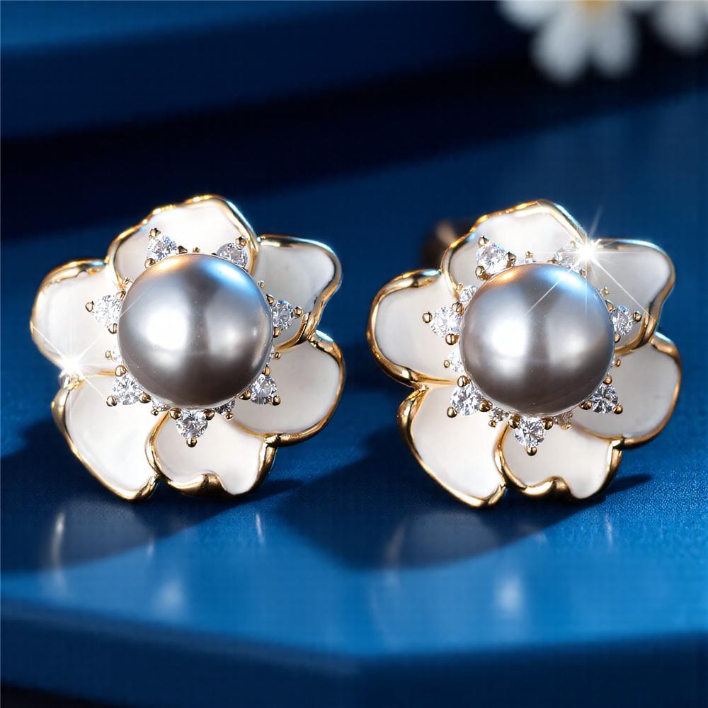 Милые Женские Серьги-Гвоздики Цветок с Белым Кристаллом и Серым Жемчугом, Эмаль, Золотой Цвет, Прекрасные, Свадебные, Для Женщин