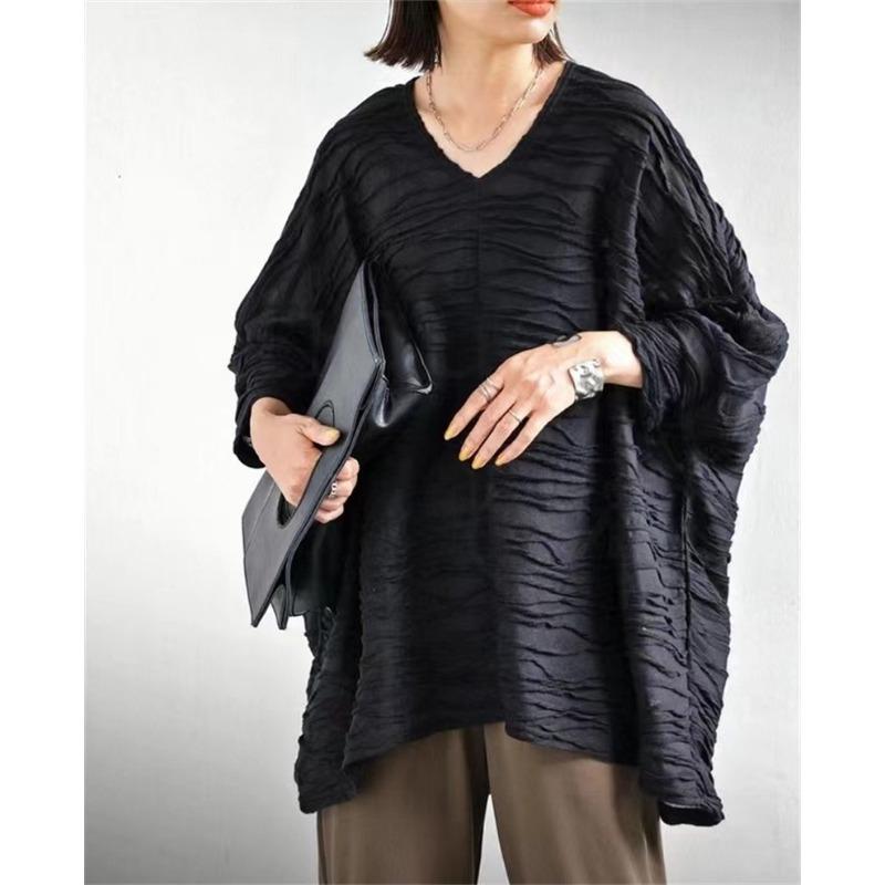 Spring Autumn Solid Color Loose Casual Tee Women Batwing Long Sleeve Folds V-neck Pullover T-shirt Female Top