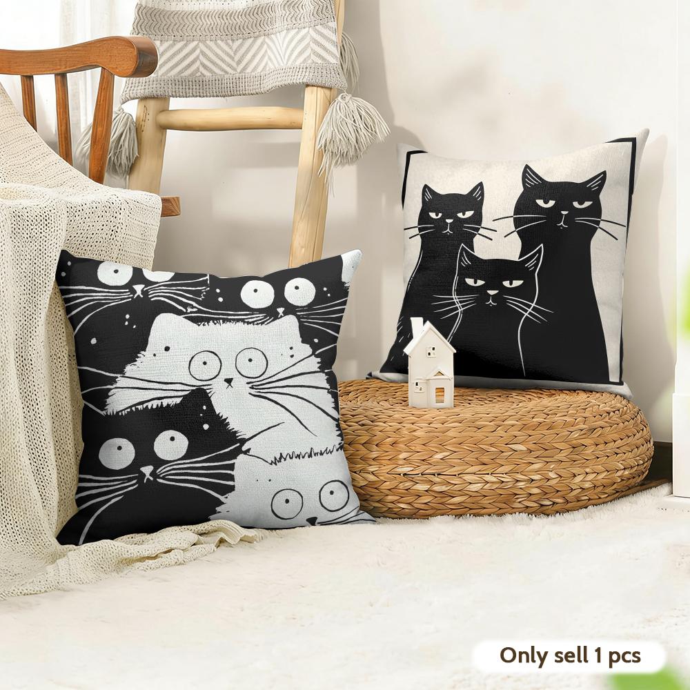 Fashion Art Line Cat Cushion Cover Natural Linen Organic Fabric Double-Sided Printing Sofa Home Decor Gift Pillow Case