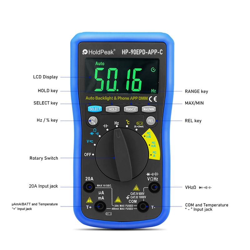 HP-90EPD-APP-C DIGITAL MULTIMETER,Real effective value automatic range digital multimeter with APP function,6000counts digit LCD