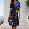 Women Plus Size Round Neck Short Sleeve Multicolor Printed A Line Flared Hem Dress