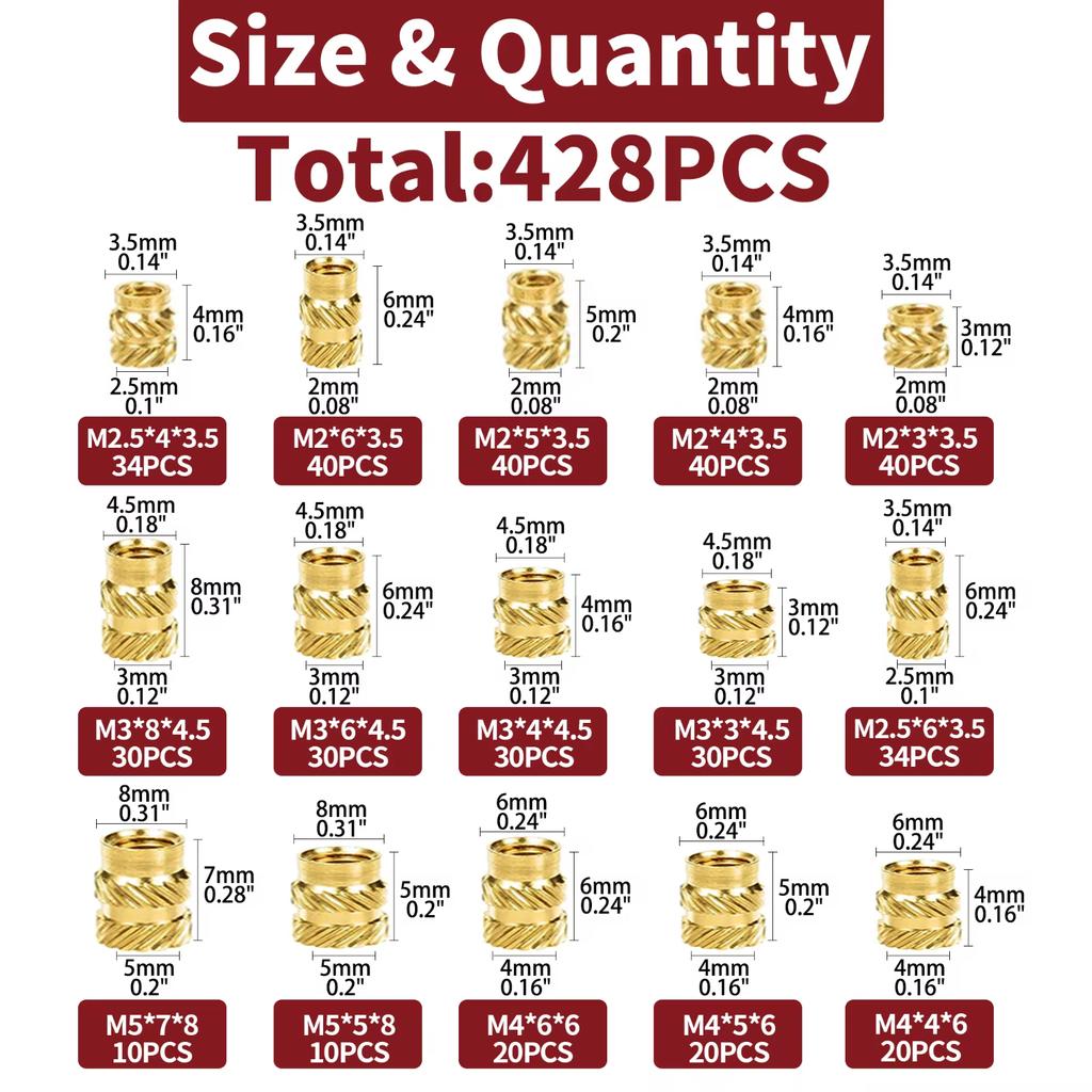 428 st 5 värden M2 M2.5 M3 M4 M5 invändig gänga räfflade muttrar mässing gängade insatser inbäddningsmuttrar hydrauliska svetsade skarvar injektionsmuttrar