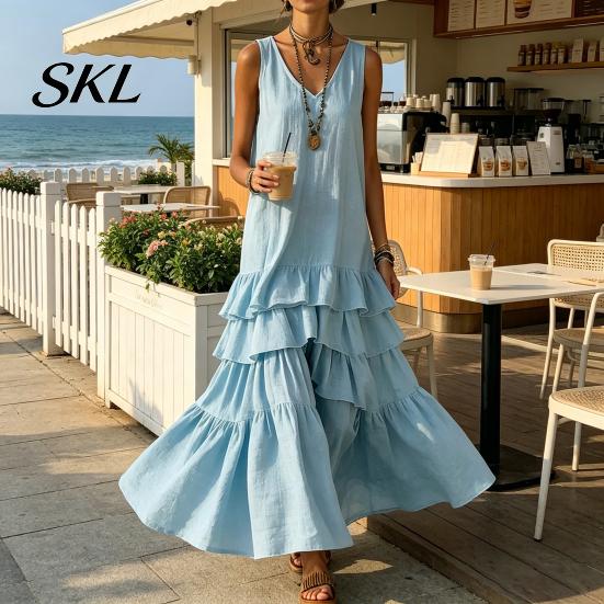 Women Dress Women's Sleeveless Summer Long Tank Dress, V Neck Tiered Layered Lotus Leaf Skirt Ruffle Maxi Casual Loose Flowy Beach Sundress