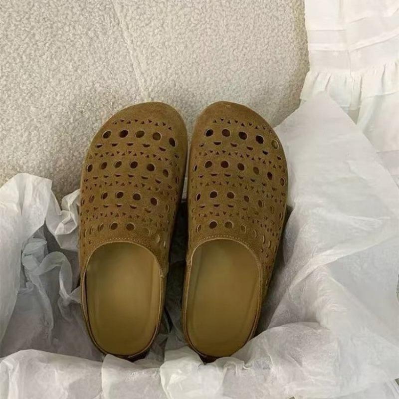 Fashion 2025Fashion Baotou Hollow Out Fretwork Suede Leather Solid Concise Half Slippers Women Round Toe Pull on Muller Beach Shoes