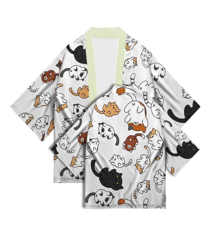 New Women's Cute Kitten Digital Print Summer Seven Sleeve Kimono Cardigan Japanese Kimono
