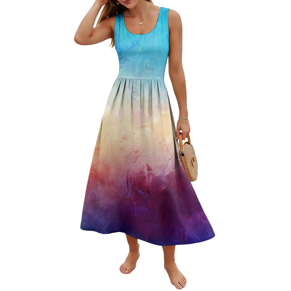 Sleeveless Gradient Maxi Dress Scoop Neck Casual Loose Fit Summer Dresses for Women Uk Ladies Summer Dresses Uk