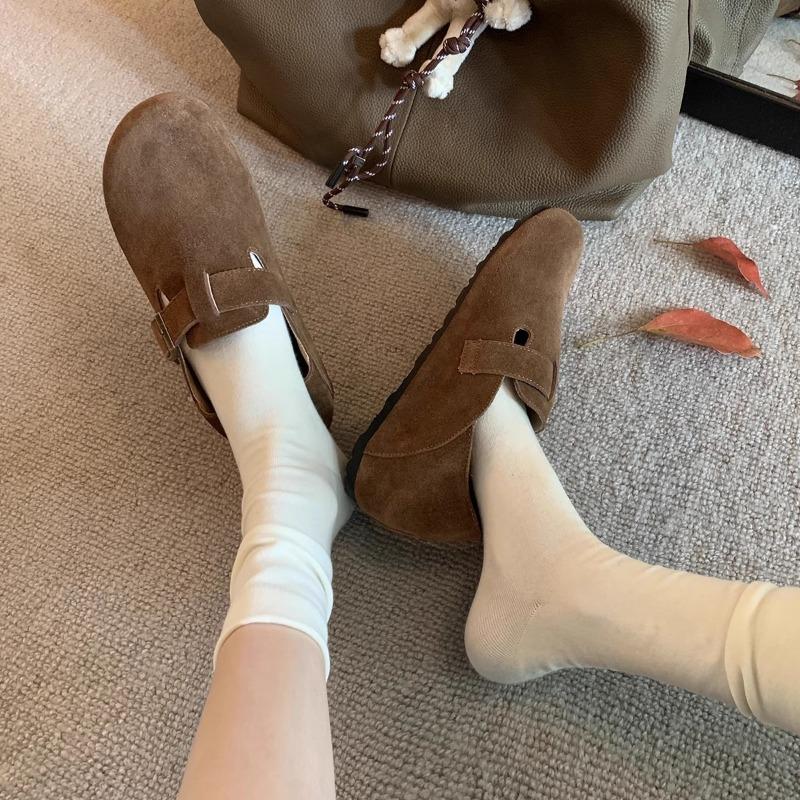 Sheepskin Genuine Leather Retro Women's One-pedal Heel Buckle Women's Flat-bottomed Lazy Single Shoes