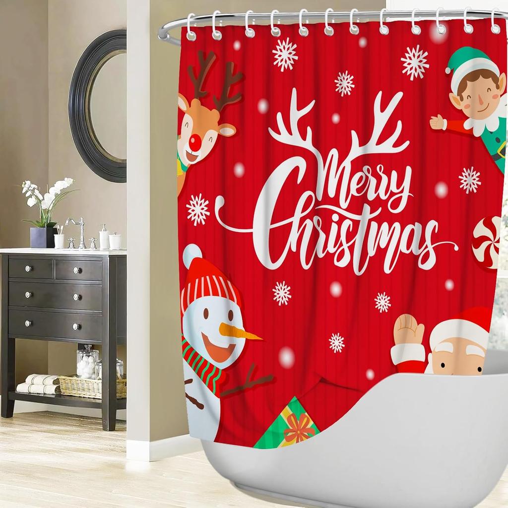 Christmas Shower Curtain For Bathroom Santa Claus Xmas Snowman Cute Red Funny Aesthetic Fabric Waterproof Bathroom Shower