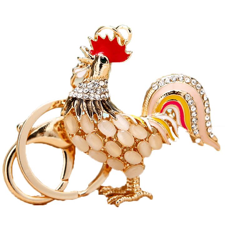 Color Diamond Zodiac Rooster Car Keychain Metal Women'S Bag Pendant Guochao Key Chain Ring Creative Business Small Gift