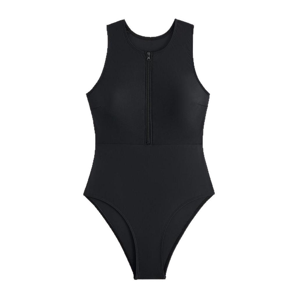 2025 Černé jednodílné plavky na zip: Jednobarevné, Sexy plážové oblečení pro ženy.