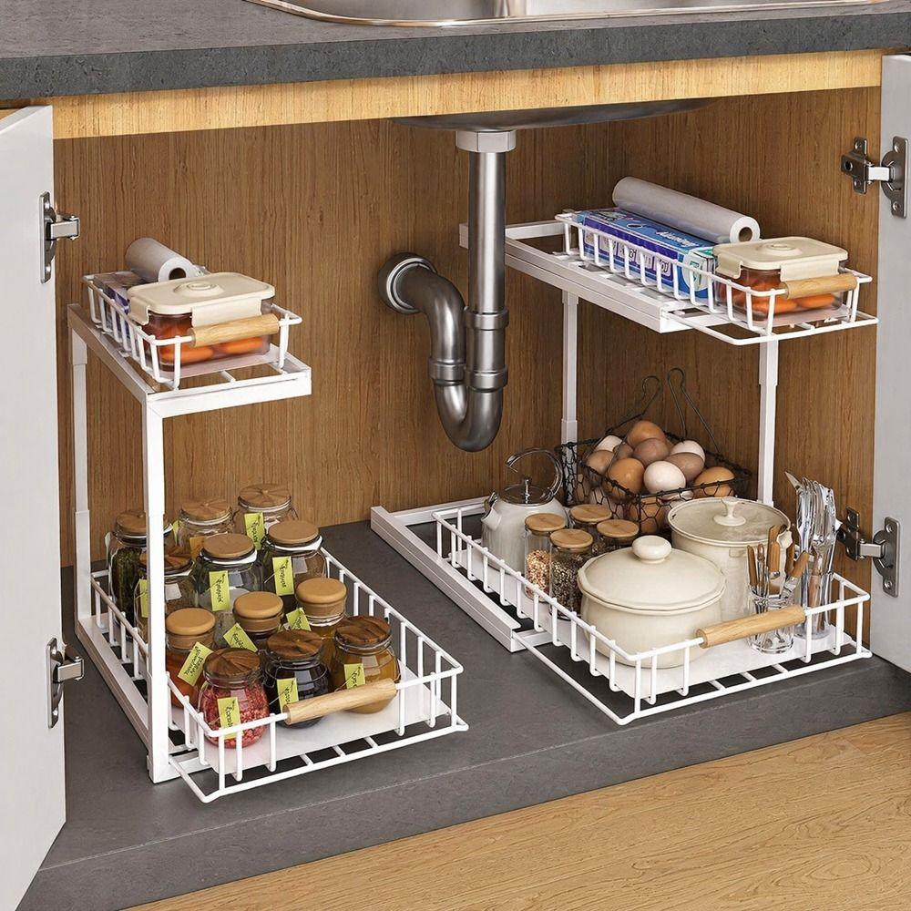 Large Capacity 2-Tier Under Sink Organizer Carbon Steel Slide Out Cabinet Storage Shelf  Bathroom