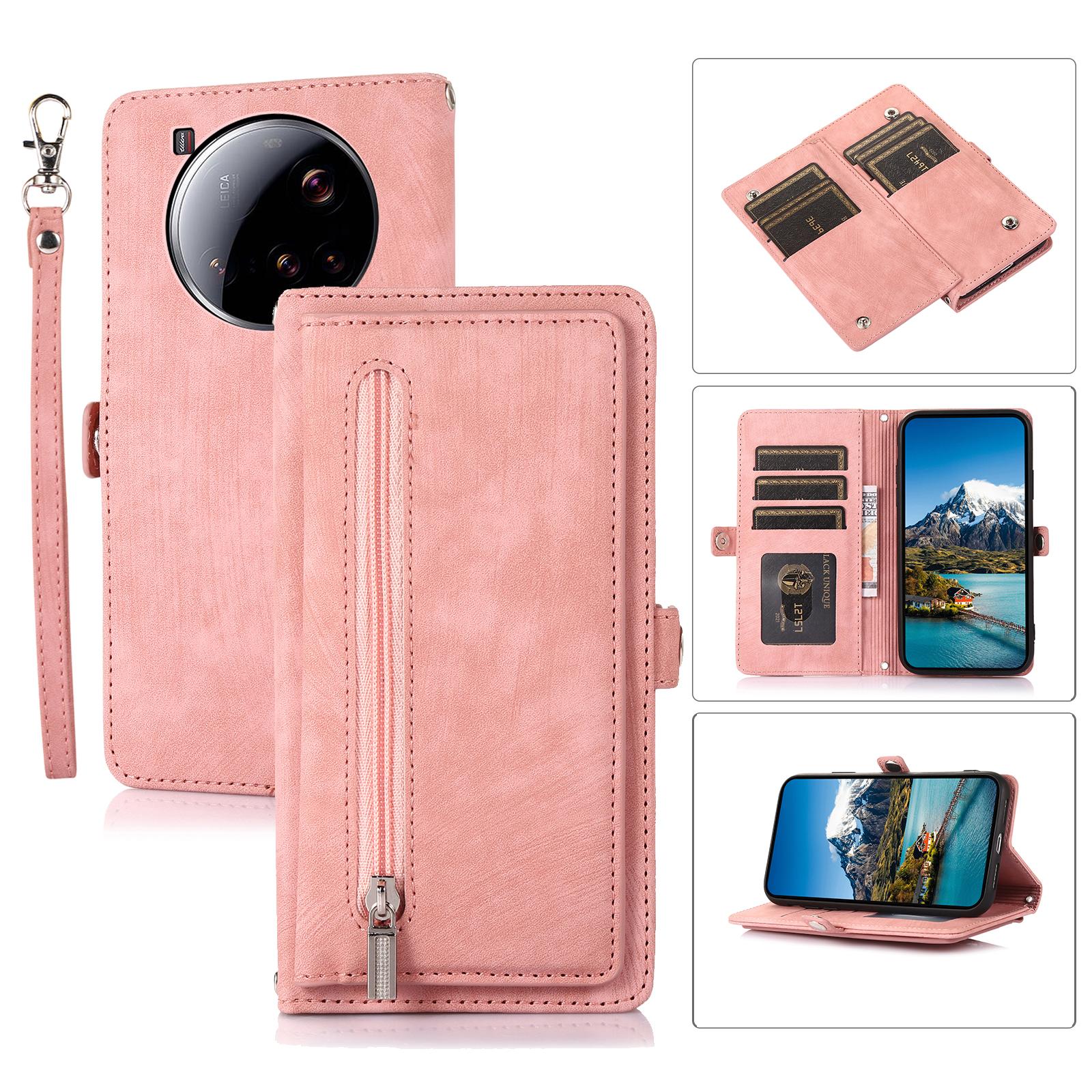 

For Xiaomi 15 Ultra Case Zipper Pocket 9 Card Slots PU Leather Phone Cover with Wrist Strap Rose Gold