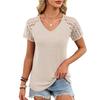 New Summer Spring Women's Loose Short Sleeve V-neck Lace Top Solid Color T-shirt Leisure Trade America Europe