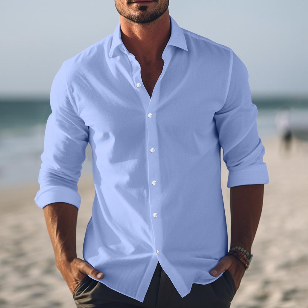 Chemises Décontractées Homme Printemps Été Design Coton Lin Couleur Manches Longues Coupe Ample Col Montant