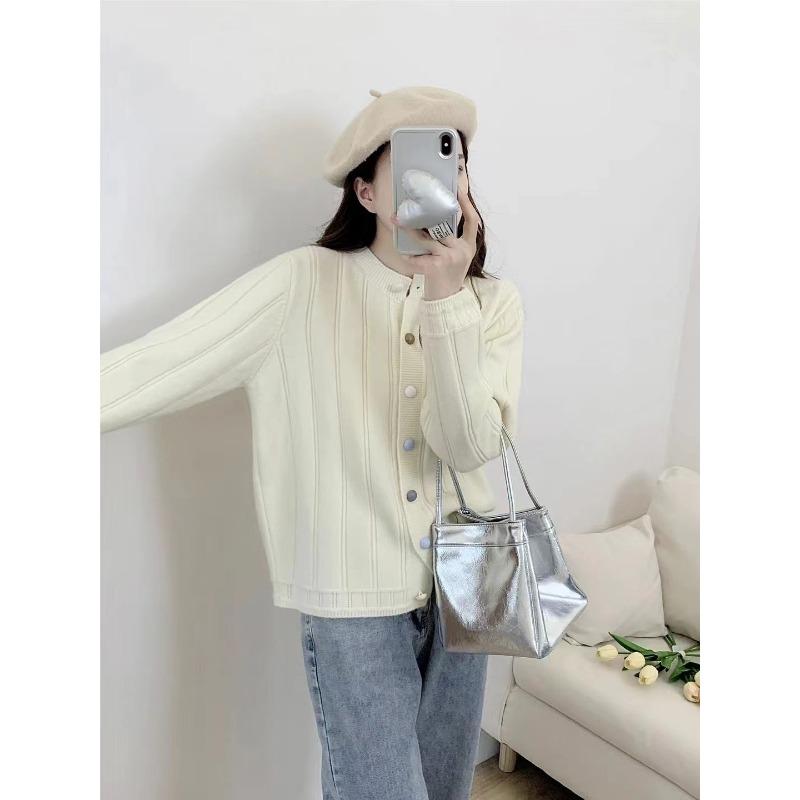 

Gentle wind color buckle soft waxy knitted cardigan top women s autumn and winter new fashion round neck hollow sweater jacket One Size