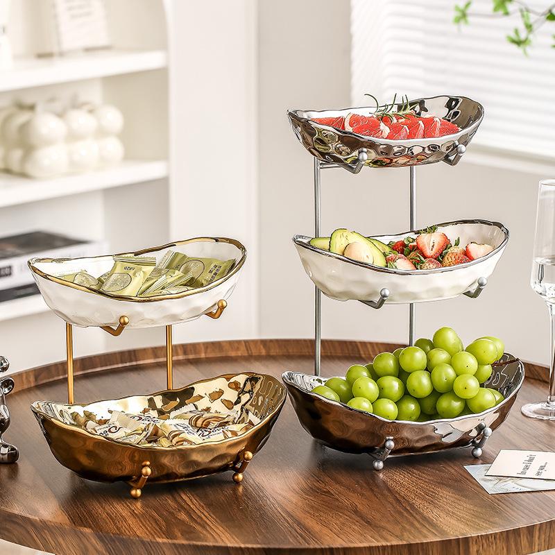 Elegant Multi-Layer Ceramic Fruit Bowl with Electroplating - High-Value Dried Fruit Storage Rack