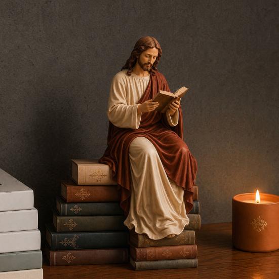 Yousheng Reading Virgin Mary Figurine for Bookshelf, Resin Jesus Statue Shelf Sitter, Decorative Sculpture for Home Office, Gift for Book