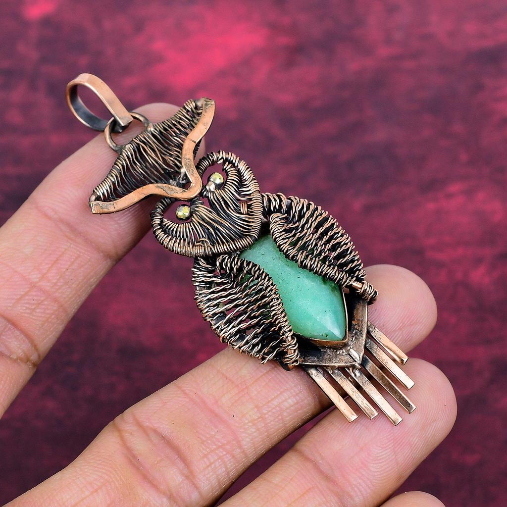 Chrysoprase Pendant Owl Gemstone Pendant Copper Wire Wrapped Handmade Jewelry