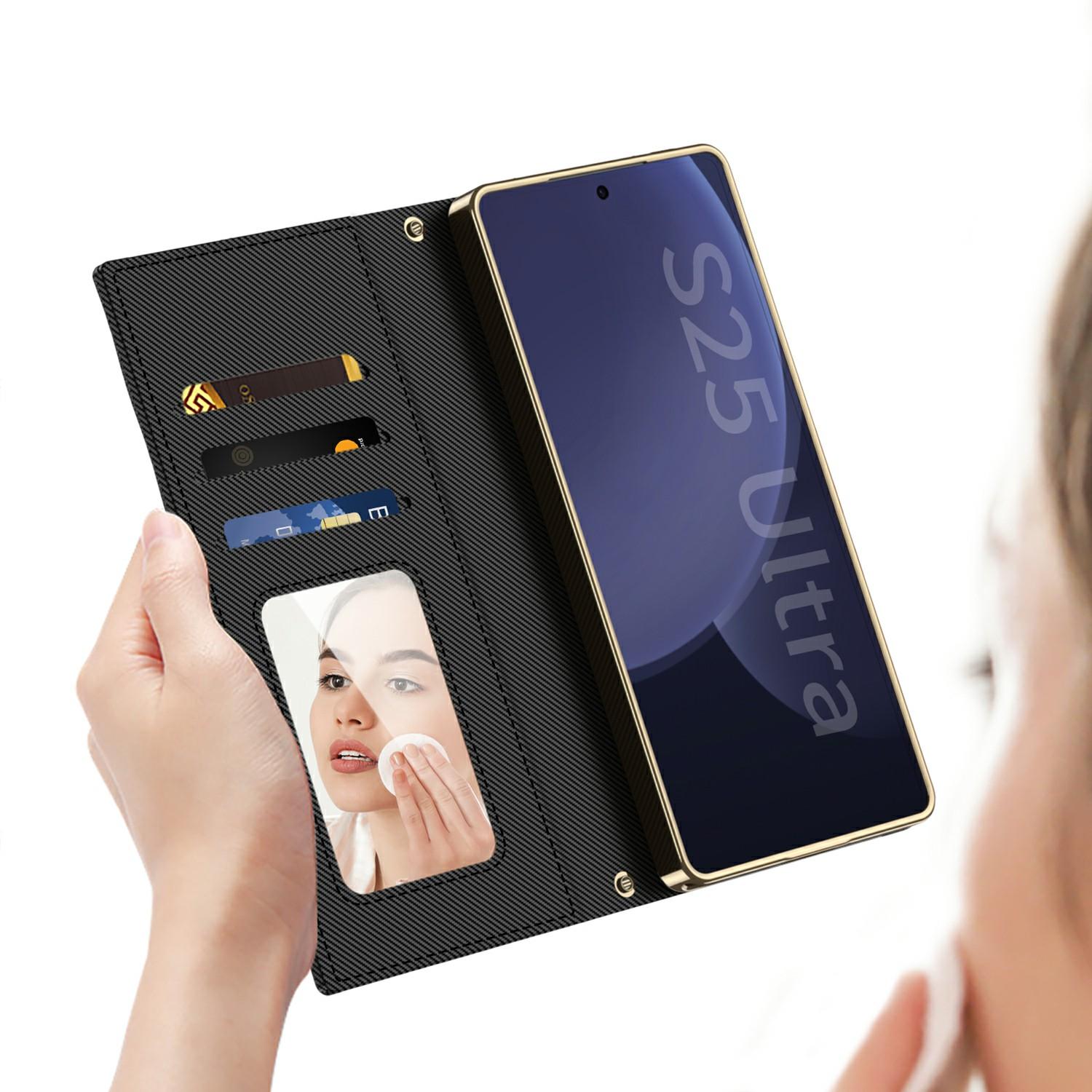 

GKK For Samsung Galaxy S25 Ultra Case with Card Holder Mirror Electroplate Leather Flip Cover Rhombus Pattern Black