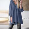 Women Casual Shirt V-Neck Pleated Lantern Long Sleeve Top Solid Color Loose Fit Mid-length Pullover Tops Streetwear