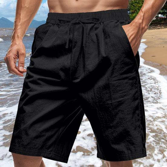 Men Summer Beach Shorts with Pockets Drawstring Elastic Waist Solid Color Versatile Casual Shorts for Daily Wear