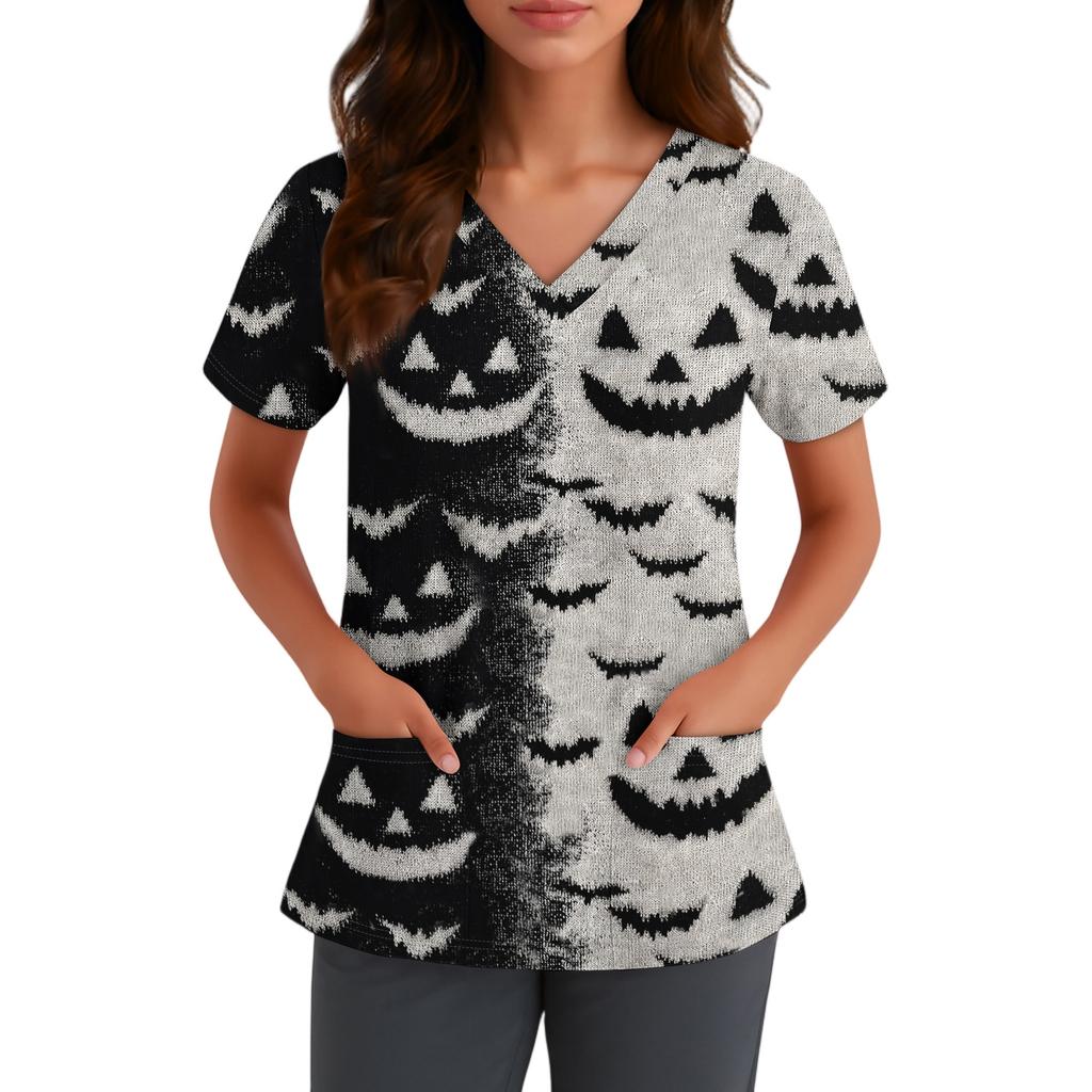 Haut pour femme à col en V et manches courtes avec poches Impression florale d'Halloween Chemise d'uniforme pour infirmière Soins de santé
