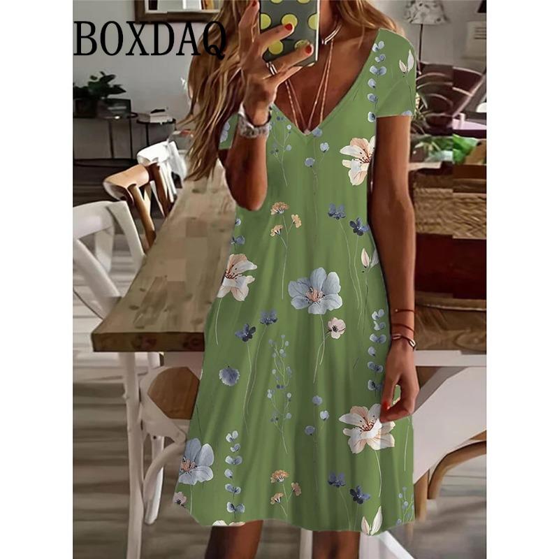 Women's Casual Dress Summer Plant Floral Print V Neck Midi Dress Vintage Daily Short Sleeve Loose Plus Size Dresses 6XL Sundress