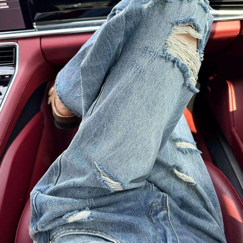 Straight Plus Size Jeans Female Year Female Broken Holes High Waist Washed Design Sense Skinny Wide Leg Trousers Jeans for Women Long Denim Pants