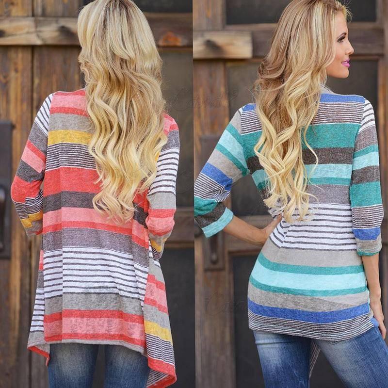 Elegante Cardigan Asimmetrico a Righe con Maniche a Tre Quarti per la Moda Autunnale