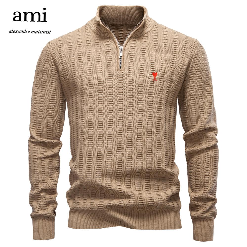 AMI 2025 Autumn and Winter Embroidery New Striped Jacquard Men's Plus Size Sweater, Half Zipper Stand Up Collar Business Sweater