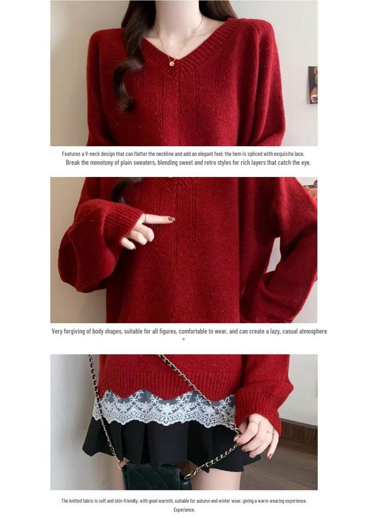 French Lace V-neck Patchwork Two-Piece Knit Sweater - Loose Fit for Autumn/Winter