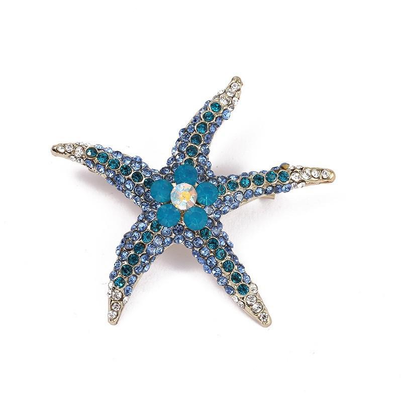 Korean Marine Life Brooch: Starfish & Shell Pin with Metal, Diamond, & Pearl Accents