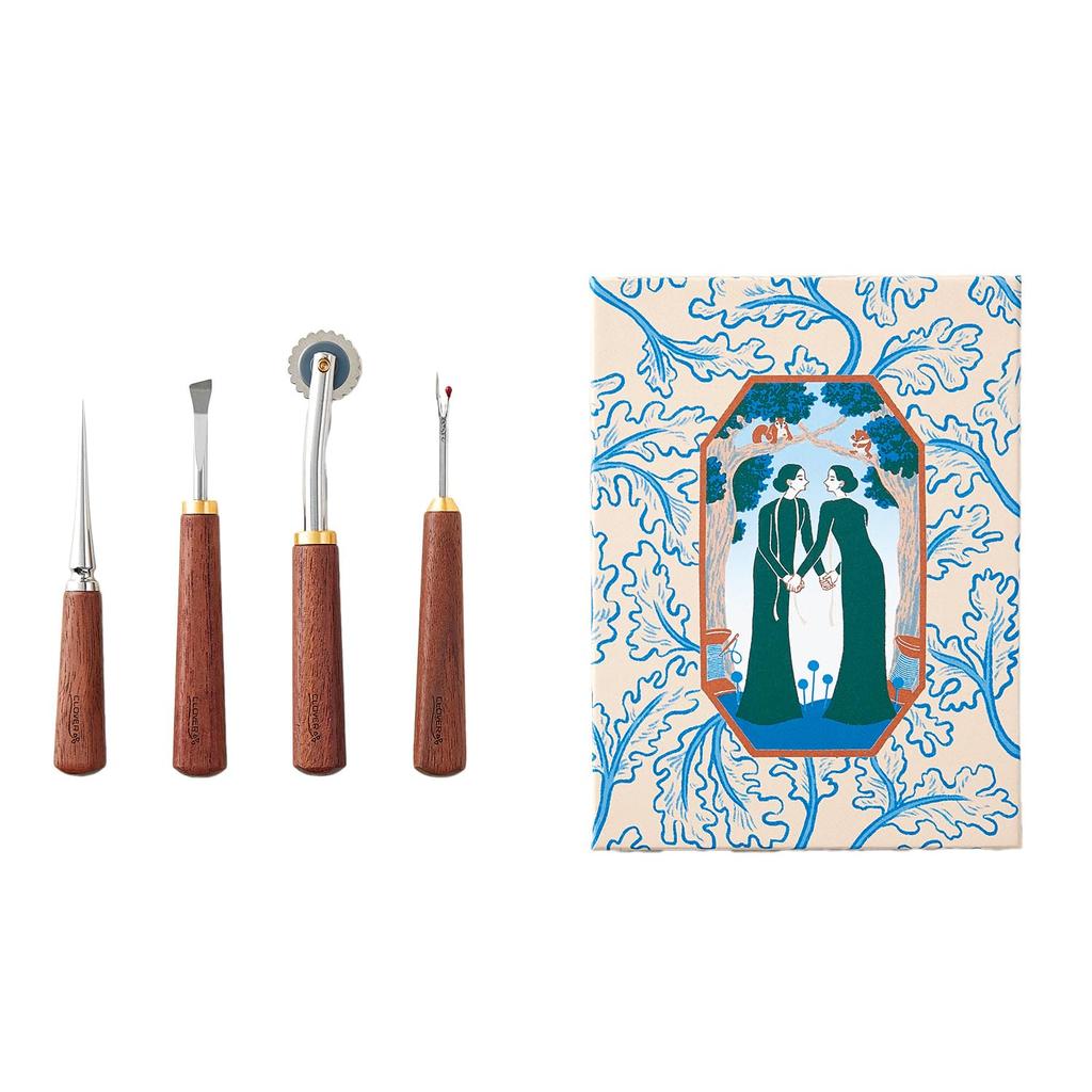 Clover Sewing Tool Includes Metal and Soft Set, Walnut, Awl, Ripper, Spatula, Roulette, CL21-237