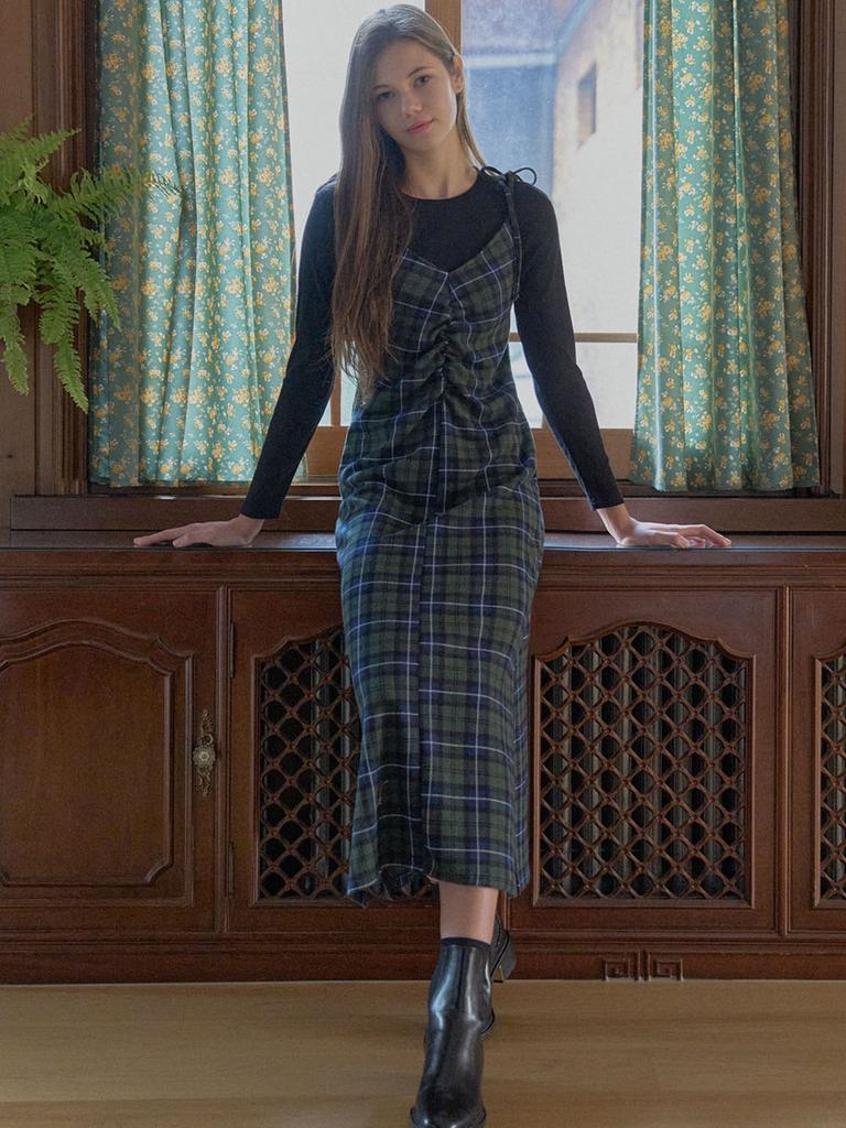 AVANT-G Tartan Check Shirring Dress - Green