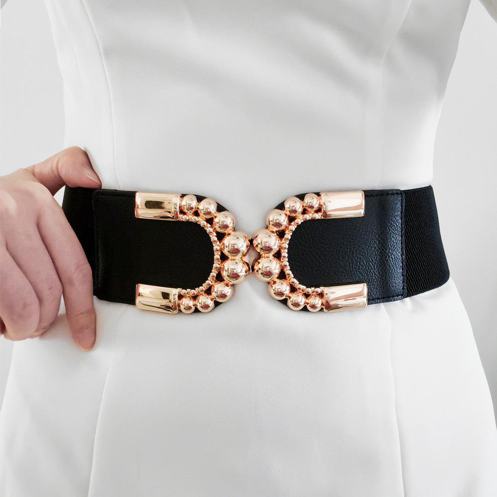 Fashion Retro Double C Pair Buckle Wide Version Waist Seal for Women Elastic Elastic Down Jacket Dress for Women Women Belt