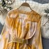 Women French Fashion Single Breasted V Neck Long Dress With Belt Summer Autumn Elegant Print A-line Robe Female Holiday Clothes