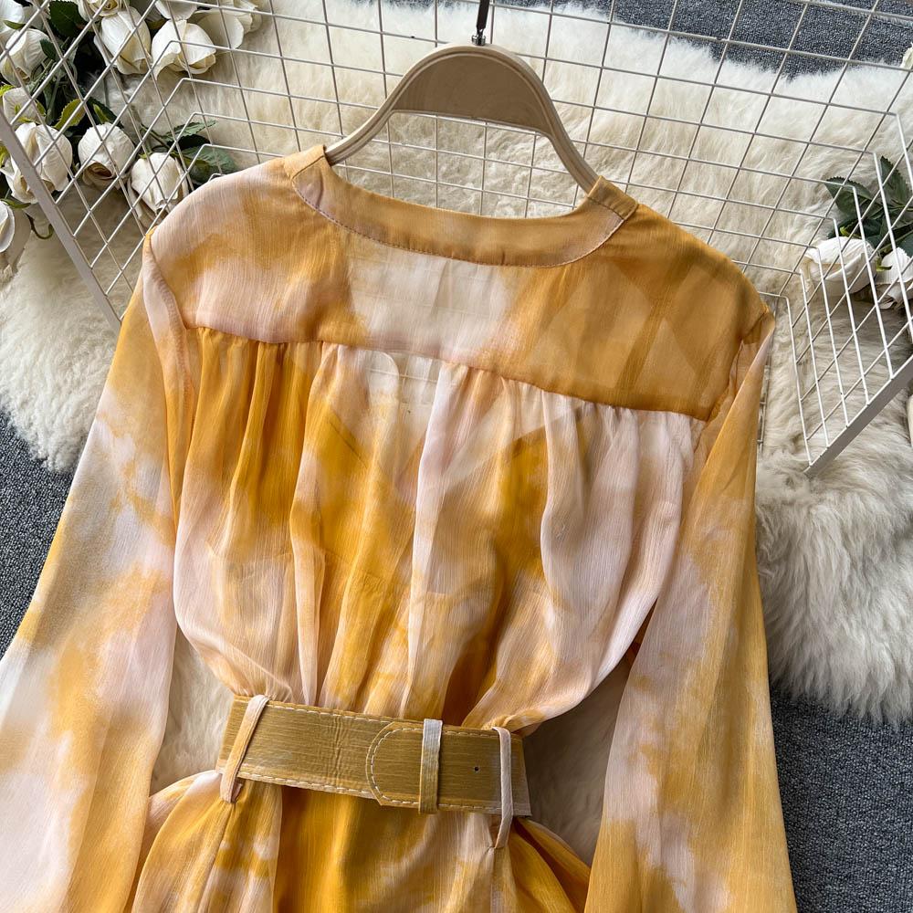 Women French Fashion Single Breasted V Neck Long Dress With Belt Summer Autumn Elegant Print A-line Robe Female Holiday Clothes