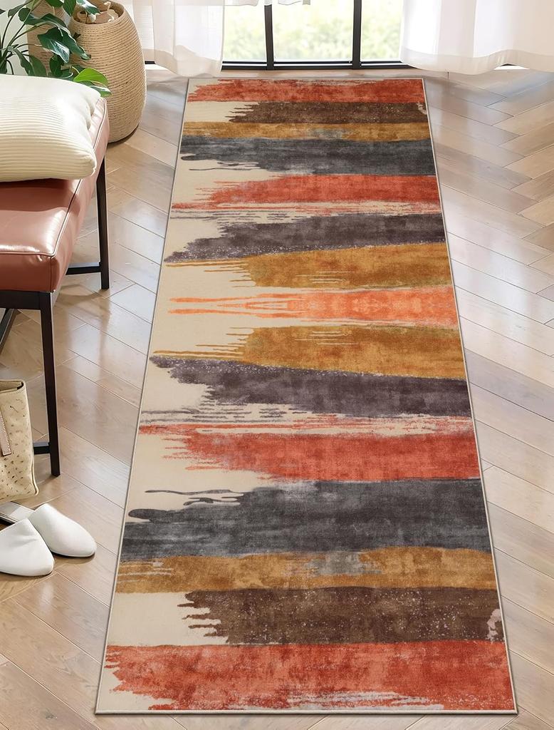 Covor Runner cu Dungi Colorate Textură Artistică Covor cu Pensulație Modern Abstract Covoraș Antiderapant pentru Hol Living Dormitor