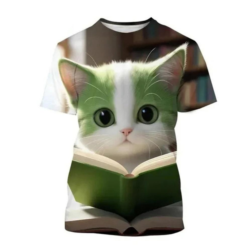 Fashion Korean Cute Cat Print Tees Children Girls Summer Clothes Kawaii Crew Neck