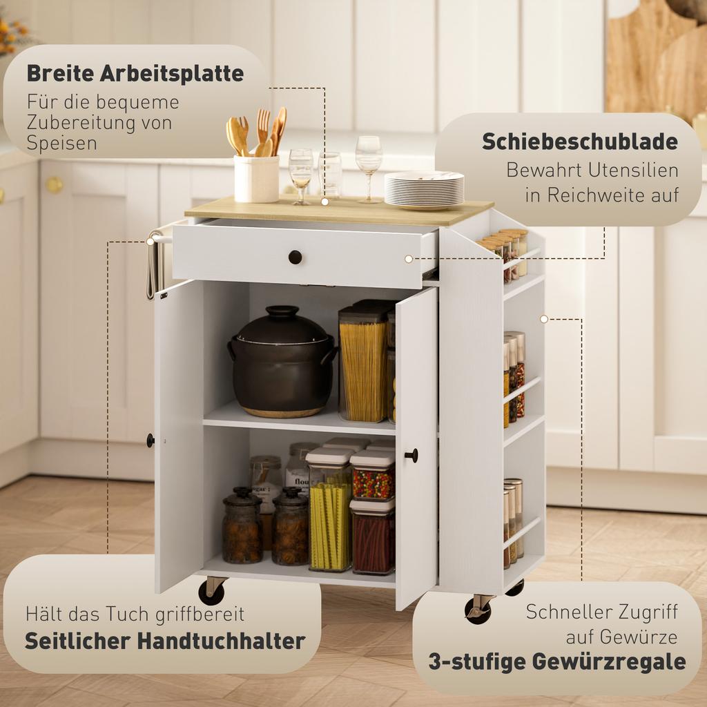 Rolling Kitchen Island with 3-Tier Spice Rack, Kitchen Storage Cart with Drawer and Towel Rack, White