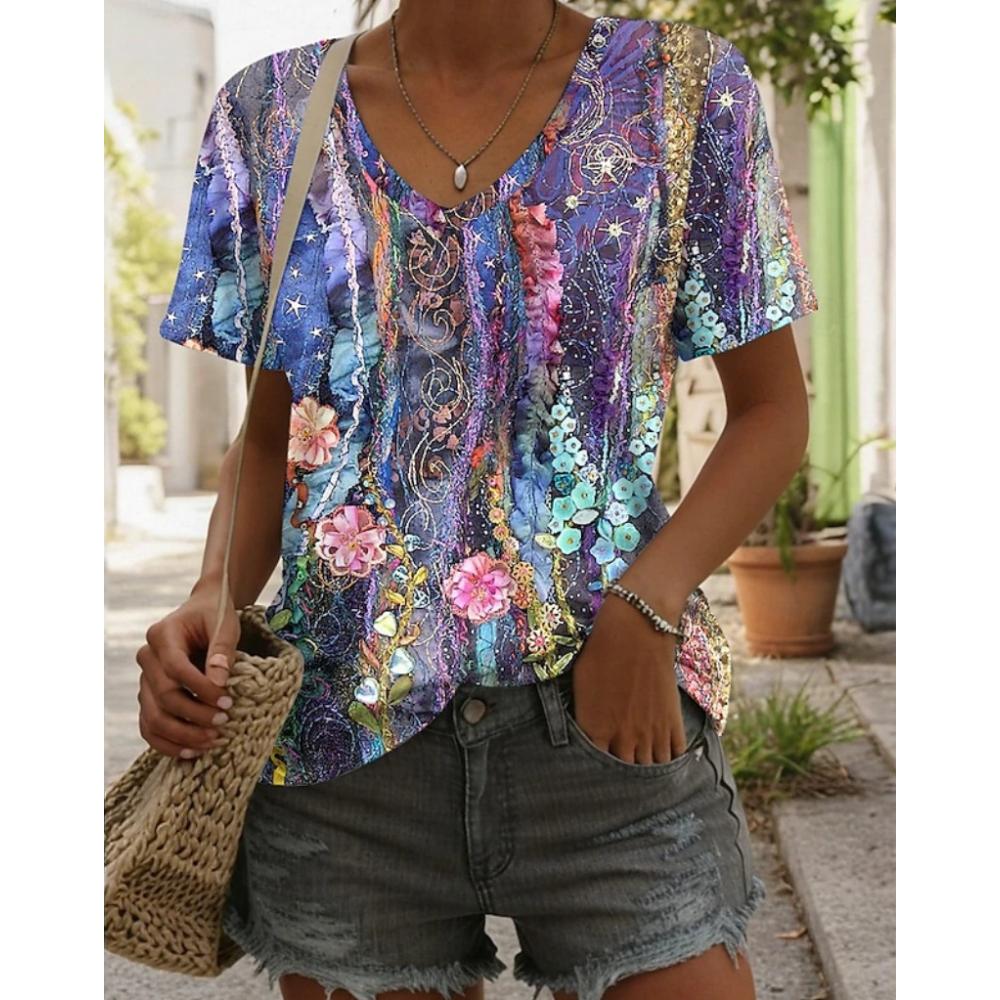 Summer V-neck 3D Vintage Floral Pattern Printed Top Fashionable Casual Colorful Short Sleeved Women's T-shirts