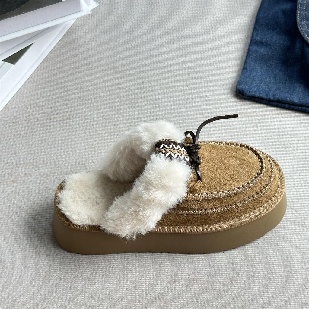 Genuine leather velvet warm thick-soled half-slippers women's outer wear 2025 winter new Baotu one-pedal fluffy snow boots
