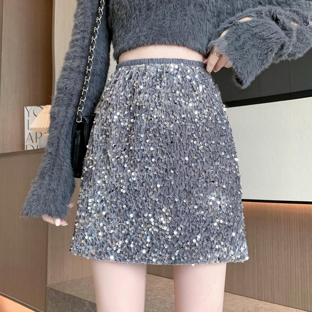 European & American Style High-Waisted A-line Sequin Beaded Mini Skirt