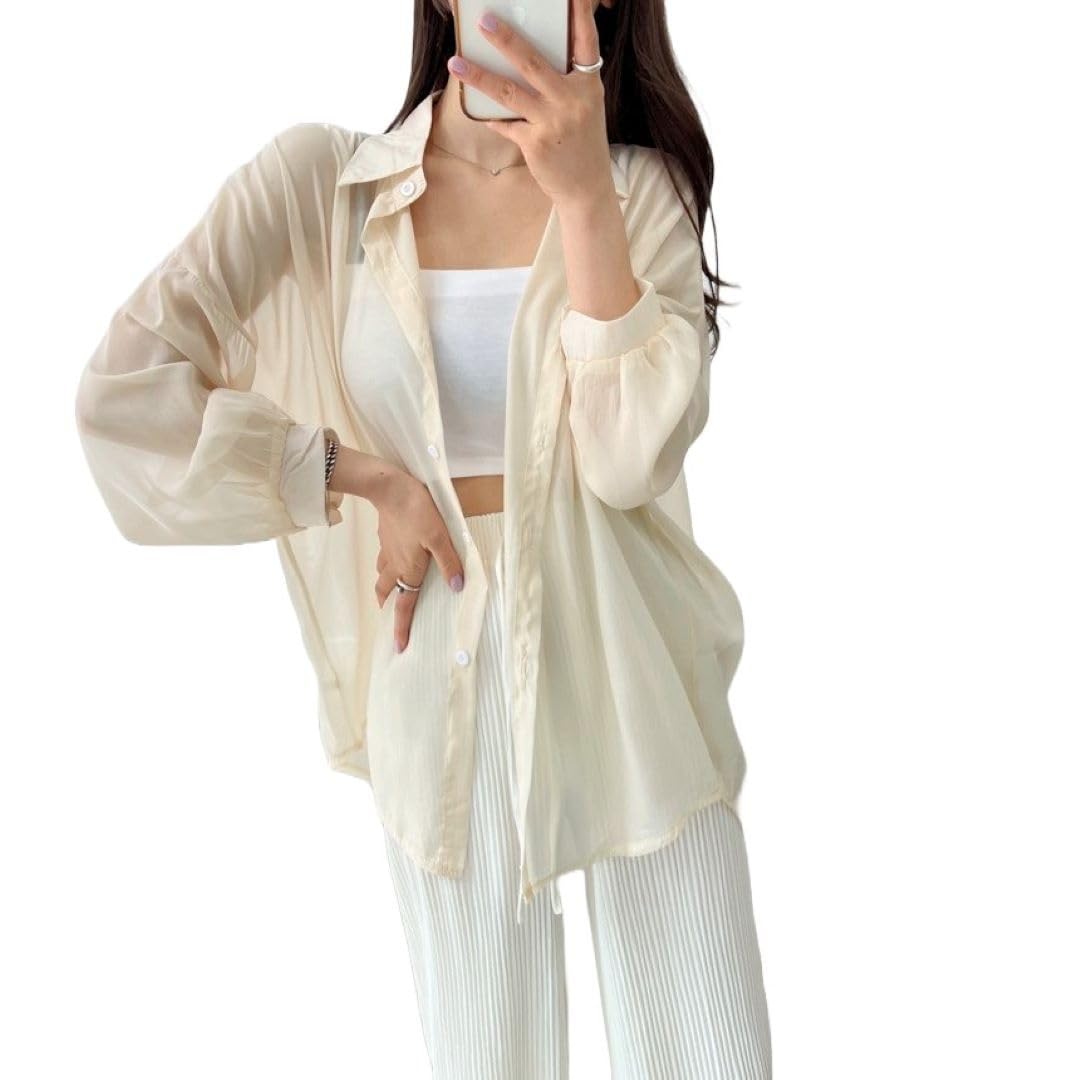 

Ветрозащитная прозрачная рубашка для солнца, офиса, абрикосовая [UQQA] женская, просвечивающий топ, лето, защита, тонкая, шифон, весна/осень, верхняя одежда, весна, абрикосовый