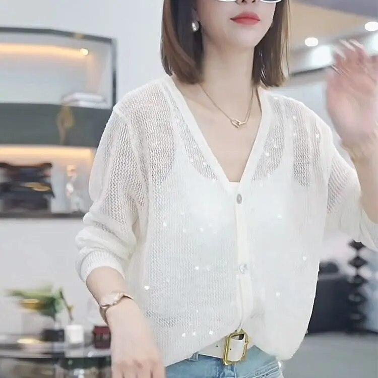 Knitted sweater with lazy style sequin hollow V-neck, loose and thin summer air conditioning protective cover, long sleeves